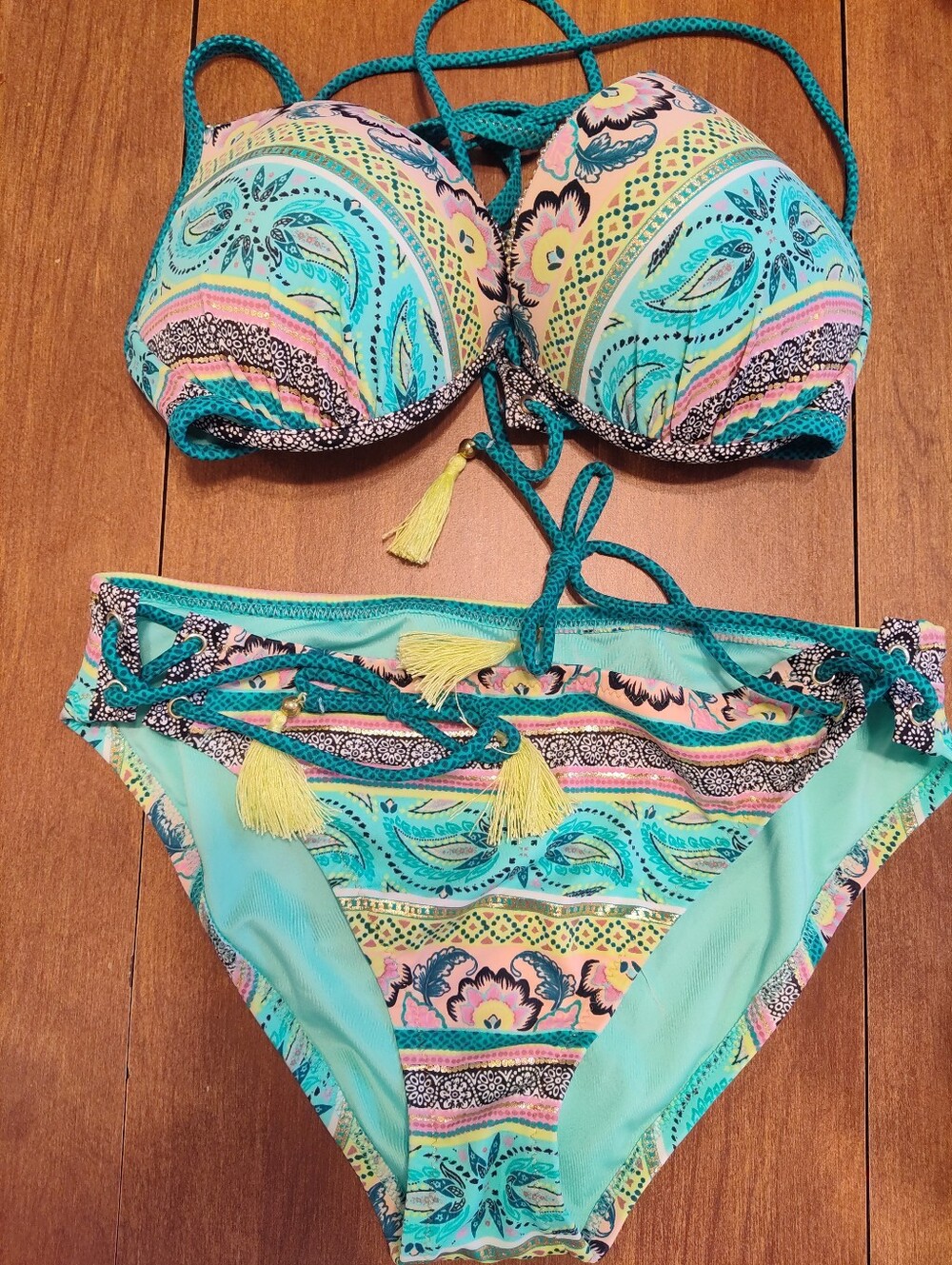 Shade & Shore Green Swimwear Top with Yellow Trim